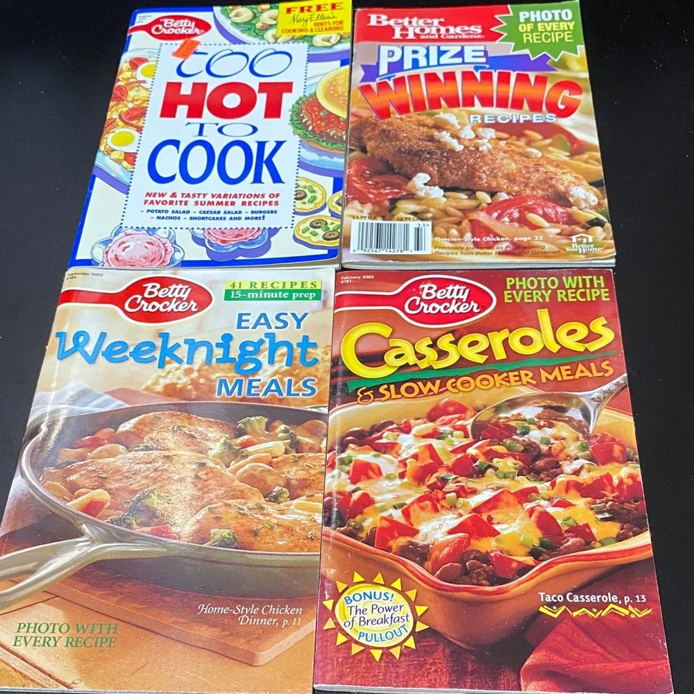 Four vintage Betty Crocker magazine cookbooks plus one bonus copy